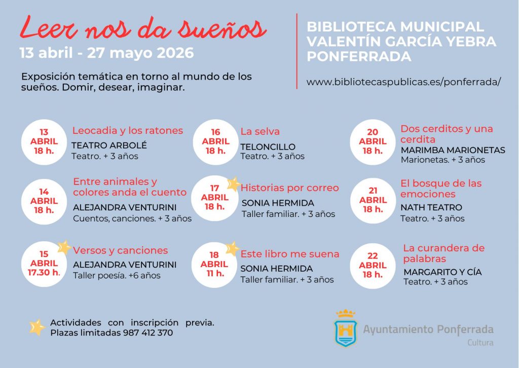 Cartel programación Biblioteca Infinita | Ponferrada | Leer nos da sueños | Biblioteca Municipal Valentín García Yebra Ponferrada
